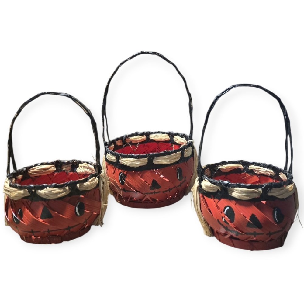 Festive Pumpkin Jack O Lantern Handpainted Basket Set - Orange and Black